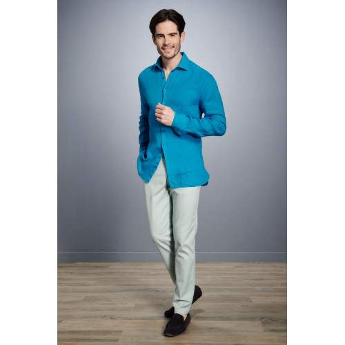 Chemise rayée à manches longues avec col Claudine fille bleu Chemise rayée à manches longues avec col Claudine fille bleu
